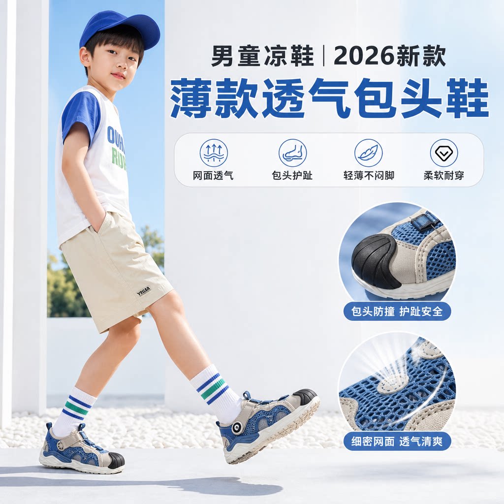 男童凉鞋薄款2026新款夏季儿童中大童网面透气男孩运动单网鞋包头