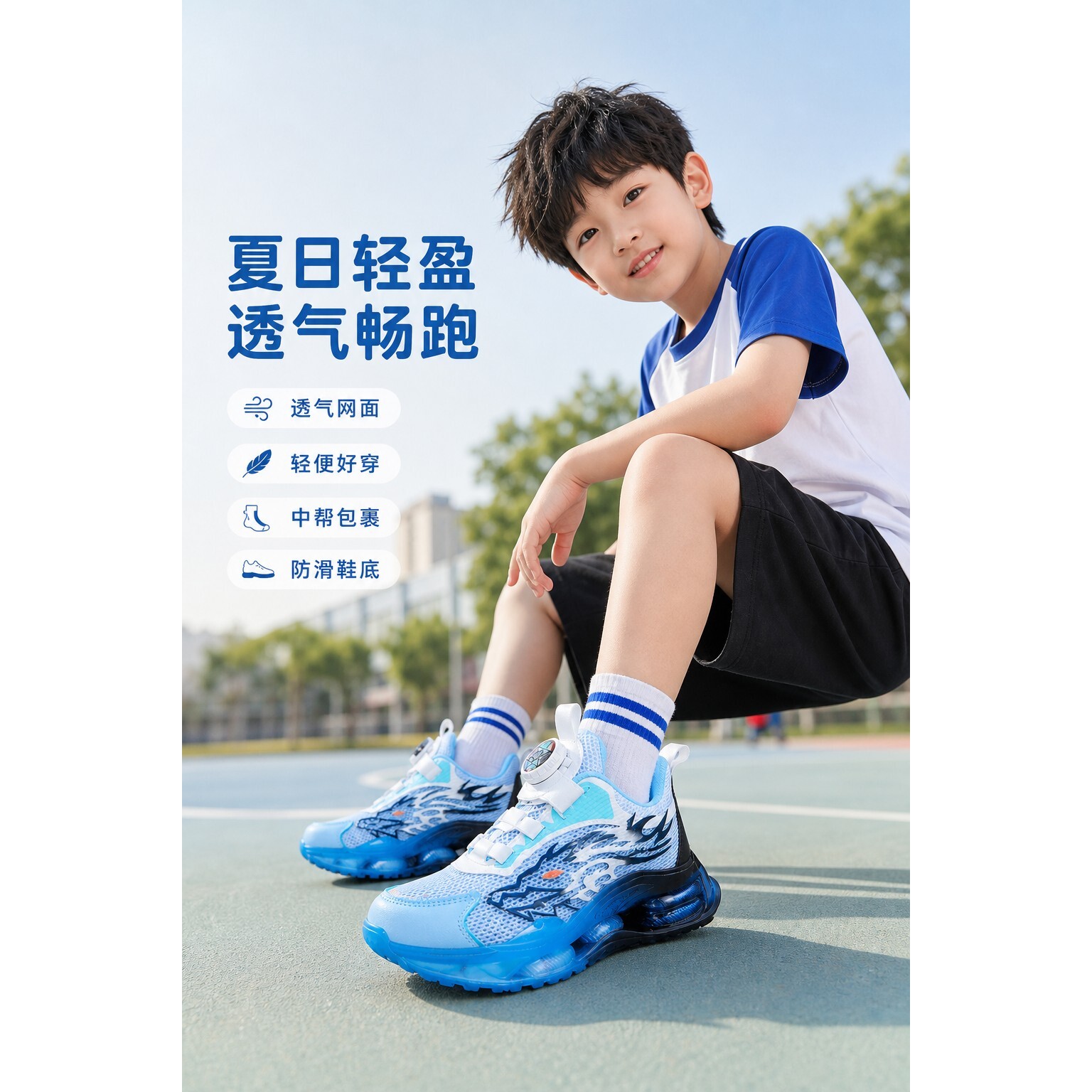 男童中帮网面运动鞋月色深蓝桔儿童夏季透气轻便休闲跑步鞋
