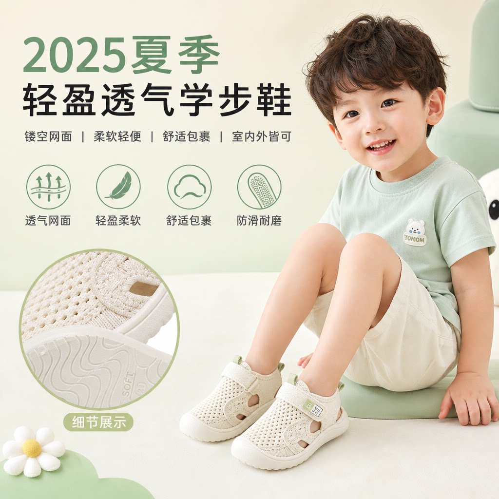 2025夏季女童单网学步鞋镂空网面婴幼儿室内鞋子男宝宝机能鞋子