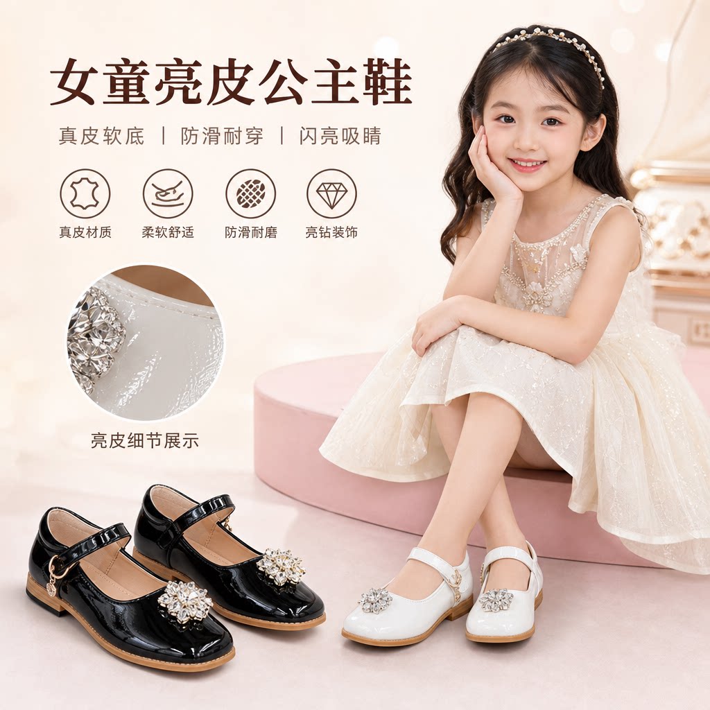 儿童童鞋女童亮皮漆皮真皮公主皮鞋防滑软底女宝女孩亮钻白色黑色