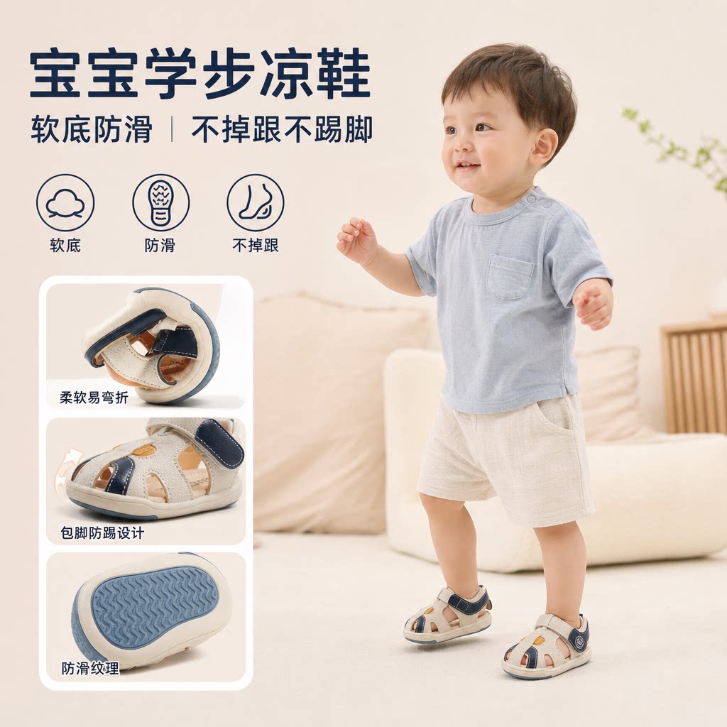 宝宝学步凉鞋夏款1-2岁男婴幼儿童软底软面防滑防踢不掉跟女沙滩