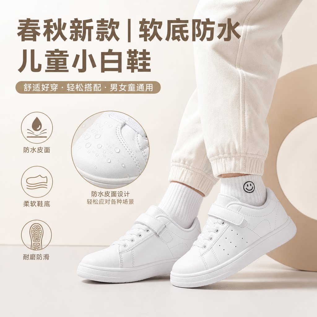 实心底女童皮面鞋子春秋新款儿童小白鞋软底男童防水休闲运动