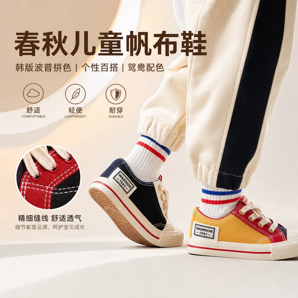 儿童帆布鞋春秋款韩版波普拼色休闲鞋个性百搭鸳鸯鞋男童女童板鞋