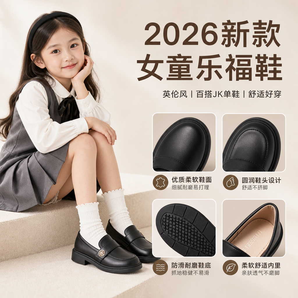 女童鞋乐福鞋2026新款夏天春秋季jk单鞋英伦风宝宝黑色儿童小皮鞋