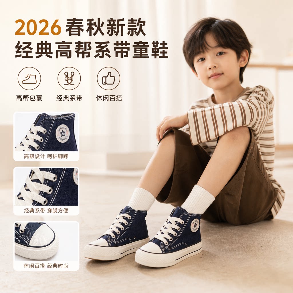 儿童帆布鞋2026春秋款男女儿童经典系带高帮帆布鞋宝宝休闲板鞋