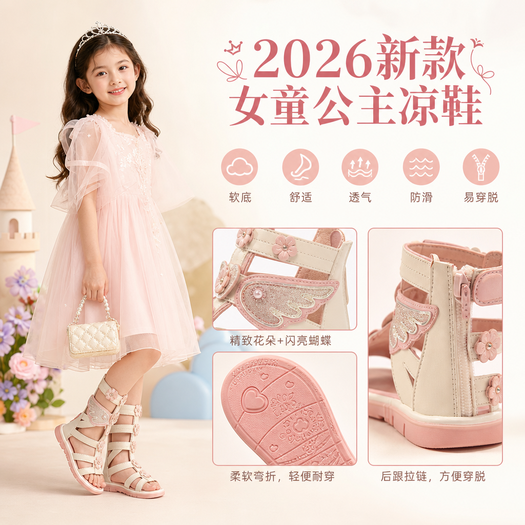 女童凉鞋公主2026新款中大童凉靴儿童夏季小女孩软底高筒罗马鞋子
