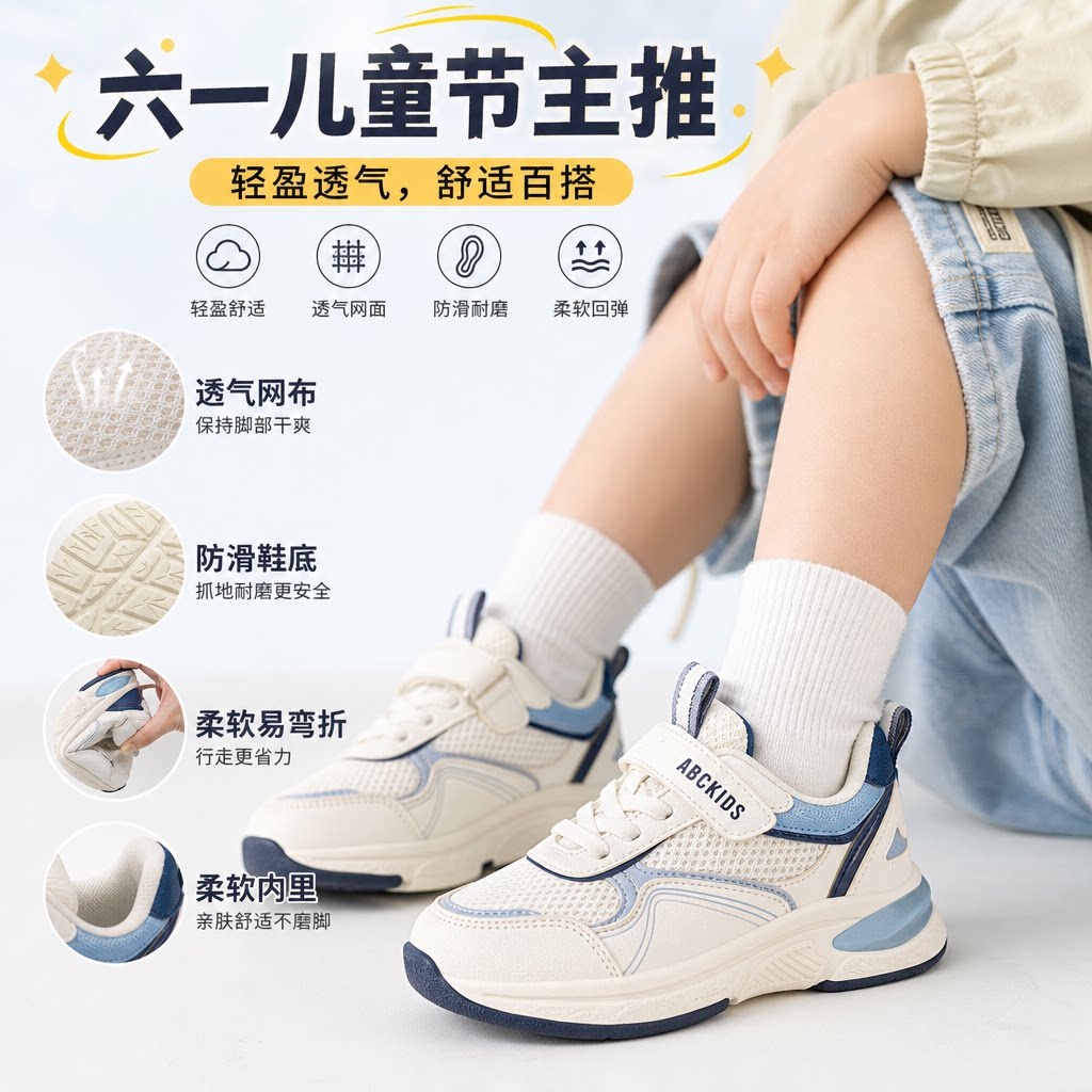 六一儿童小白鞋时尚女童平底休闲运动鞋男童网面透气跑步鞋板鞋