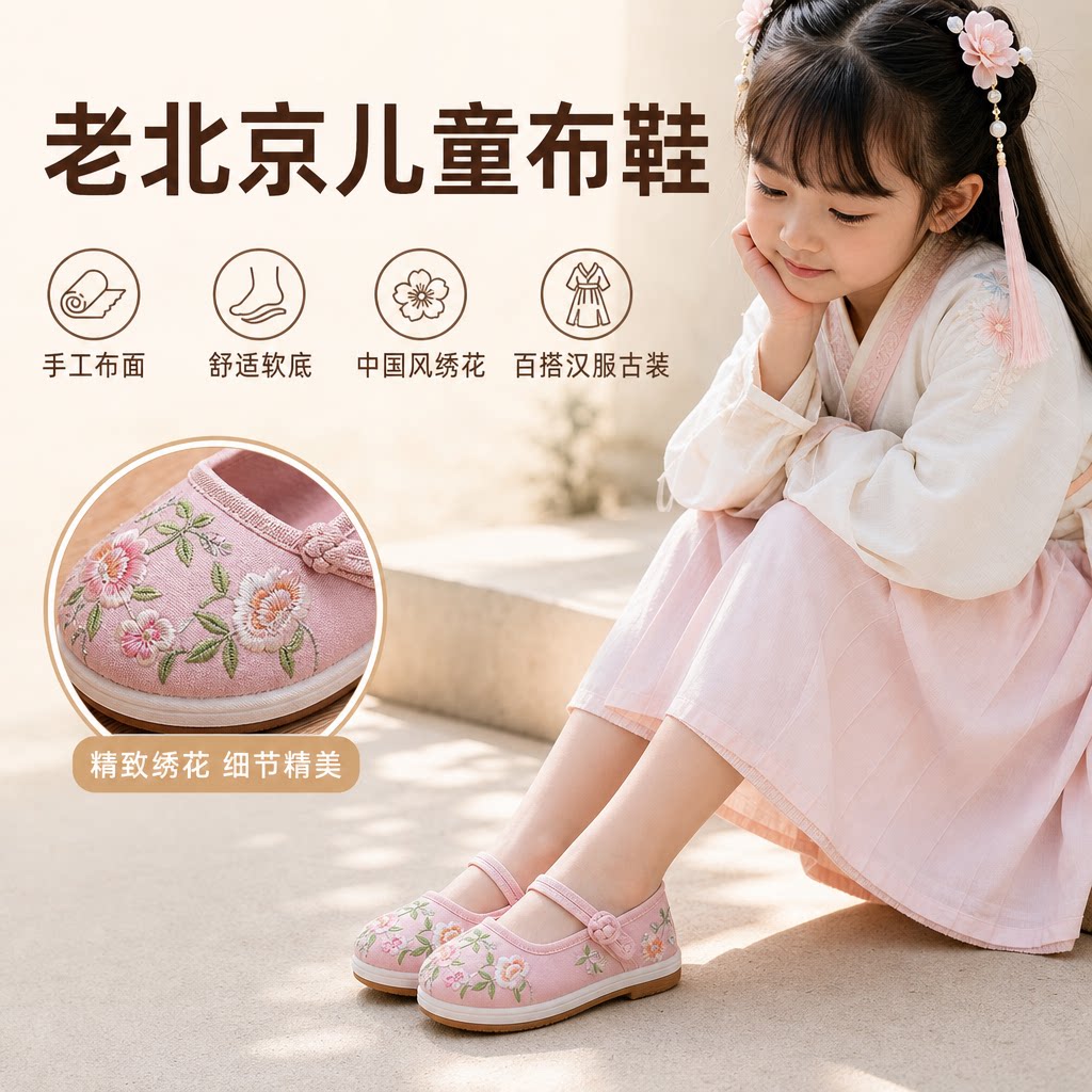 老北京儿童布鞋女童绣花鞋中国风儿童古装鞋子宝宝手工布鞋汉服鞋