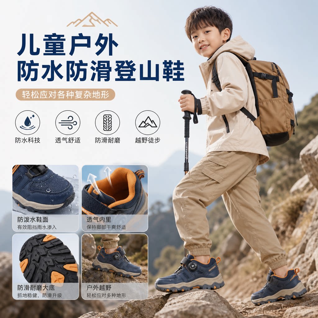 秋季登山鞋儿童户外鞋女防水防滑男女童透气运动越野跑鞋爬山徒步