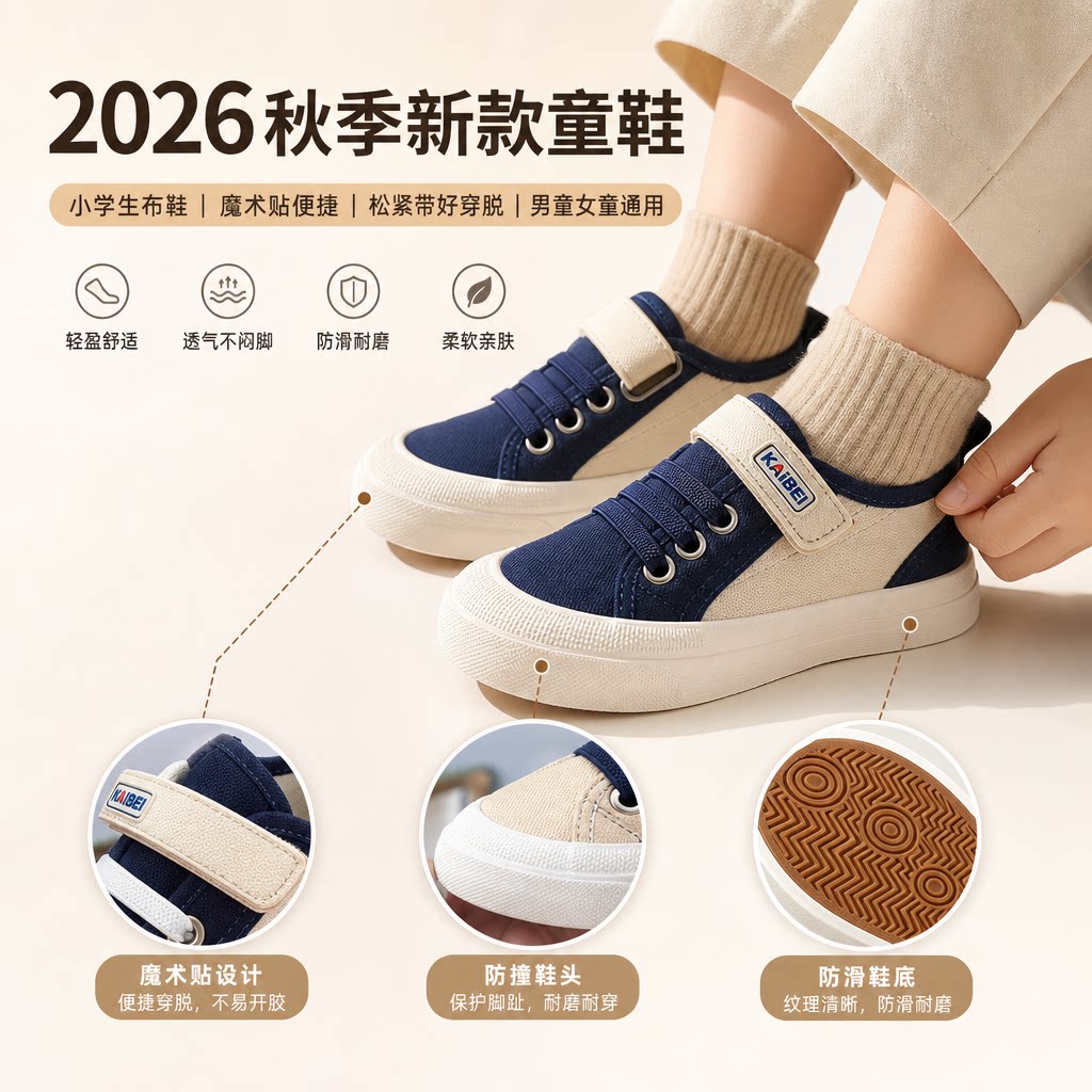 2026秋季新款童鞋小学生布鞋男童女童魔术贴儿童帆布鞋松紧带鞋子