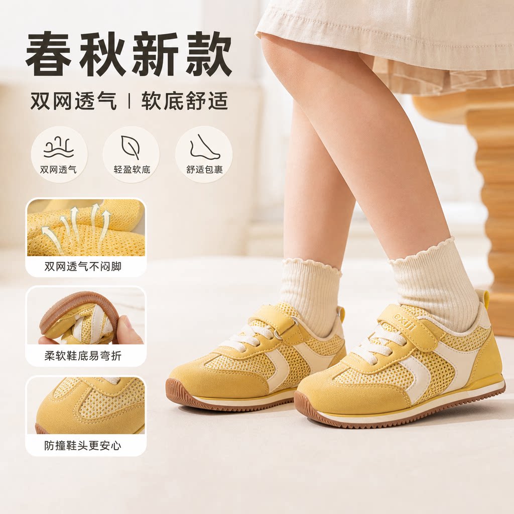 春秋新款女童阿甘鞋儿童板鞋休闲双网透气男童运动鞋软底黄色