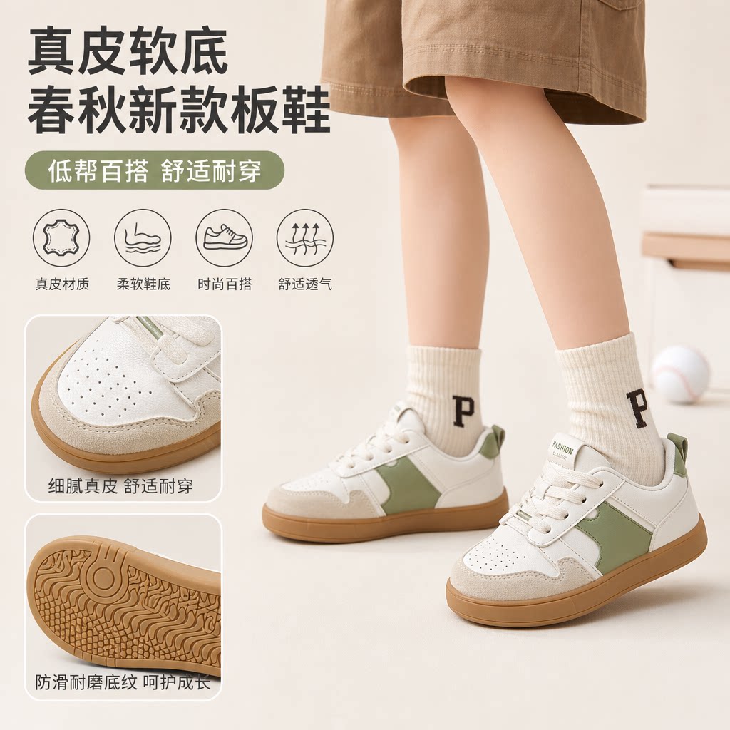儿童低帮板鞋真皮春秋新款男童鞋子女童运动鞋软底休闲中大童单鞋