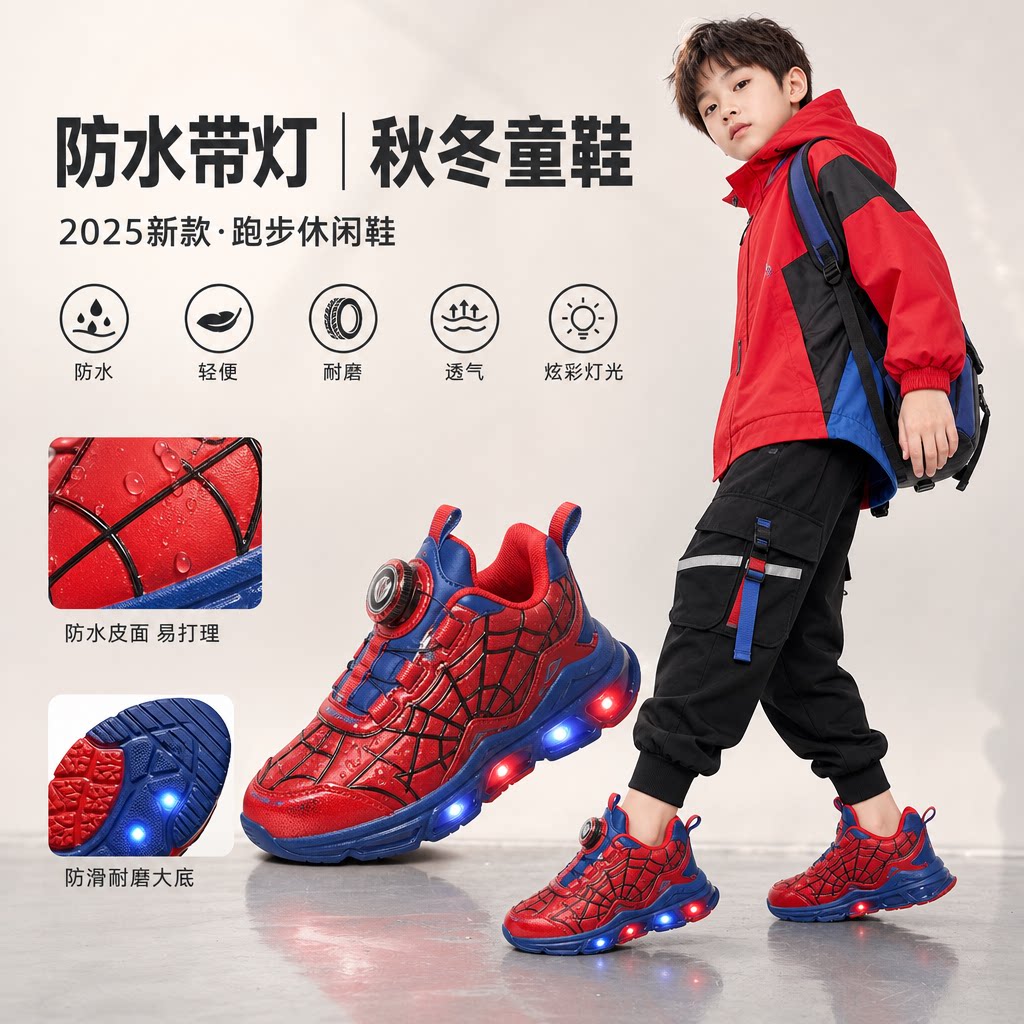 蜘蛛侠带灯男童鞋子2025秋冬皮面防水儿童运动鞋中小童学生跑步鞋