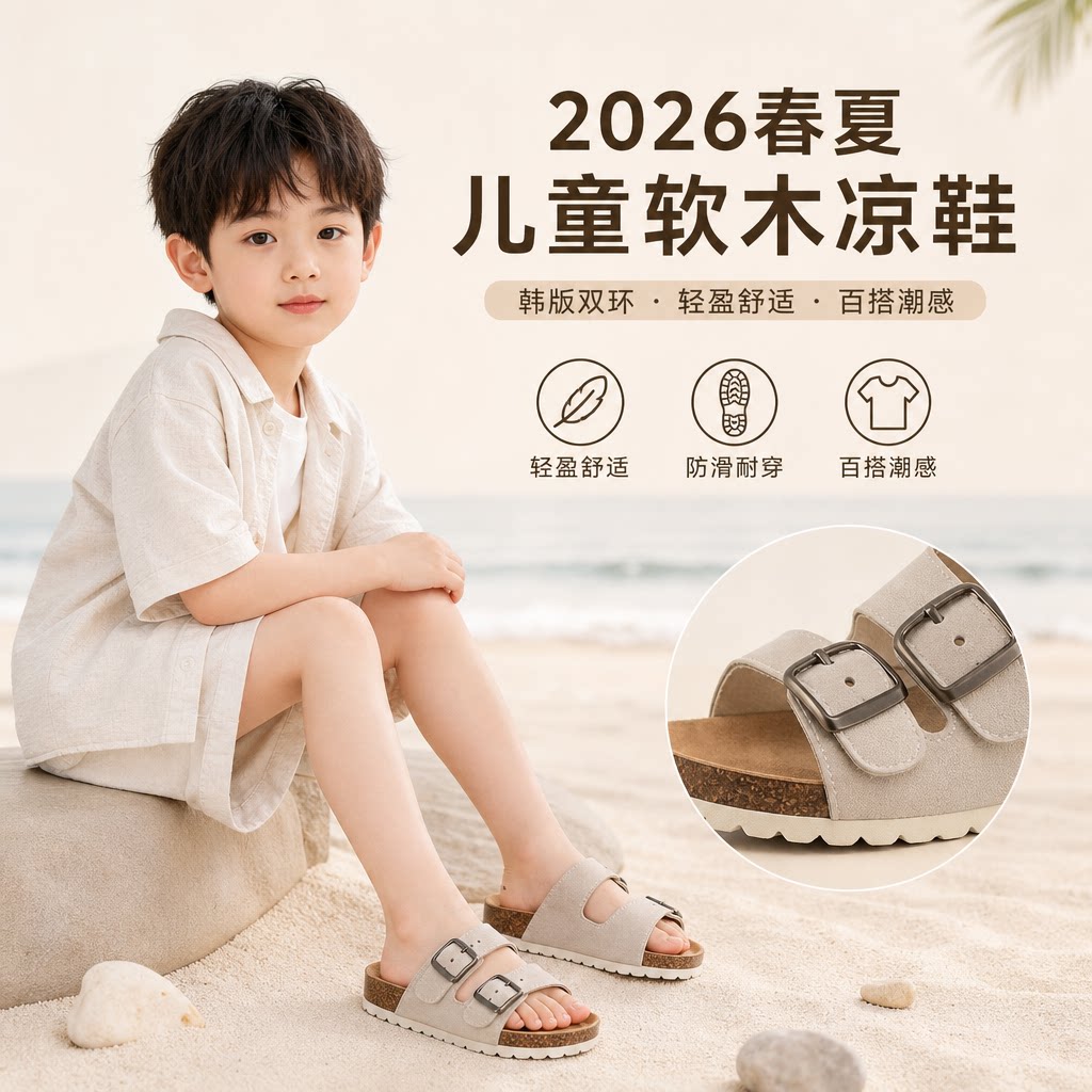 2026春夏儿童男童女童软木凉鞋一字鞋人字拖潮沙滩韩版双环