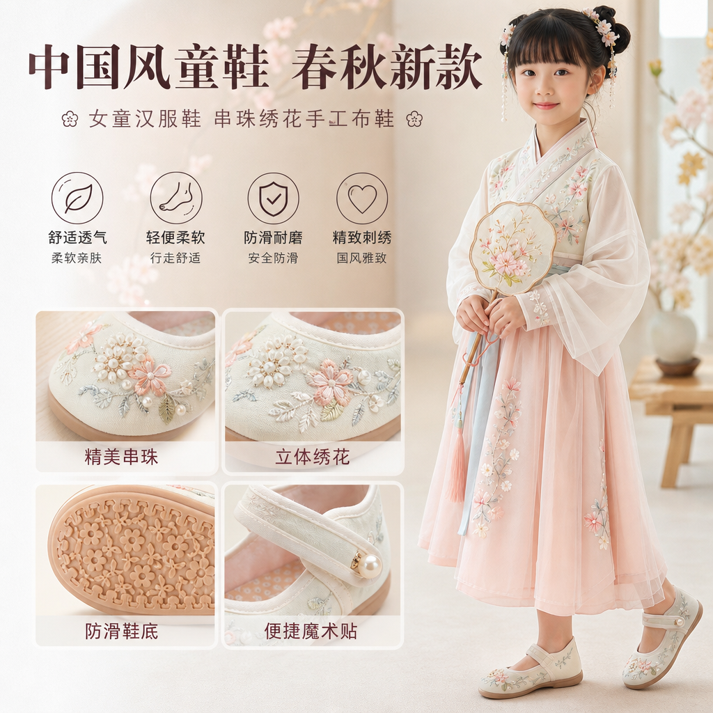 中国风童鞋春秋季新款女童汉服鞋串珠儿童绣花鞋宝宝古装手工布鞋