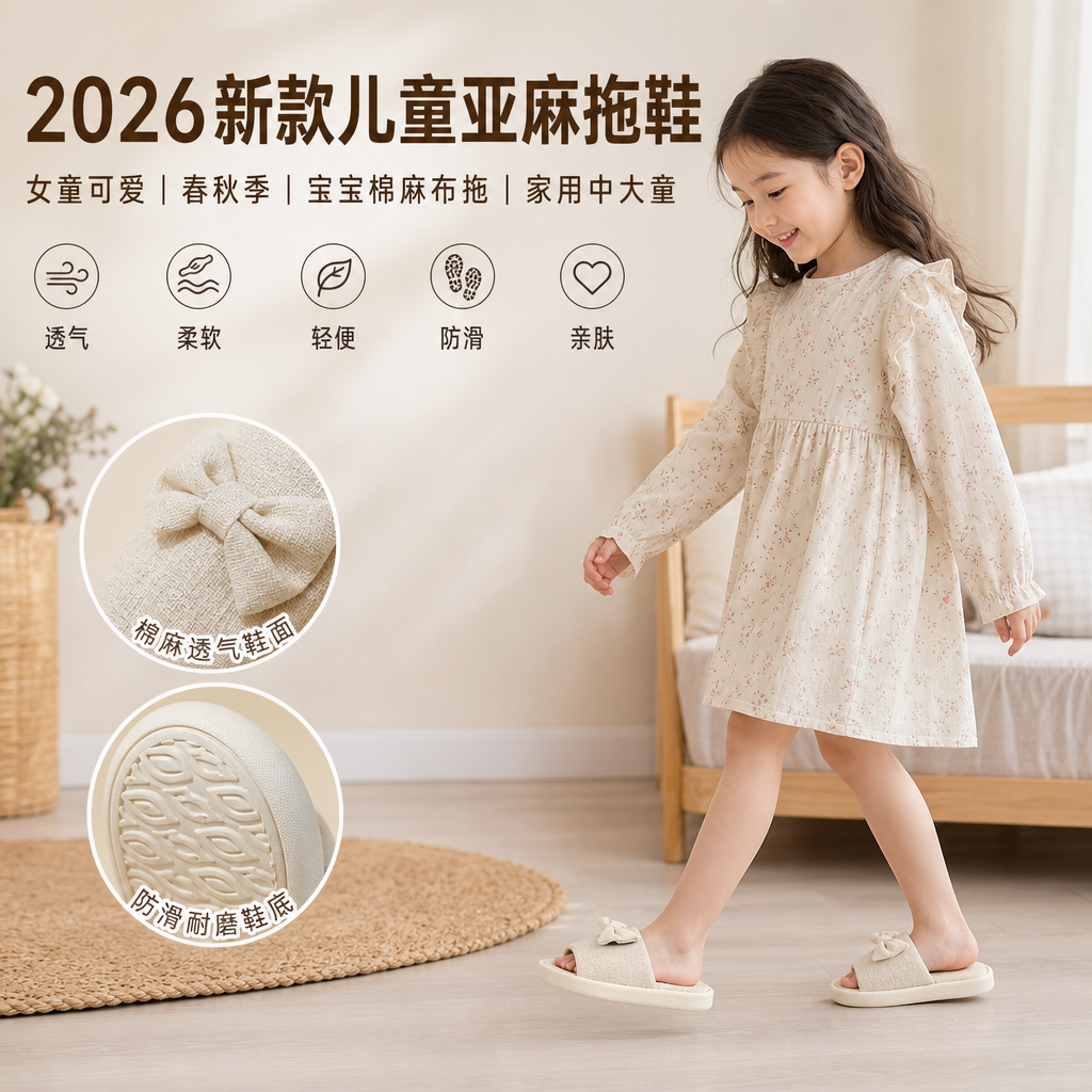 2026新款儿童亚麻拖鞋女童可爱春秋季宝宝棉麻布拖女孩家用中大童