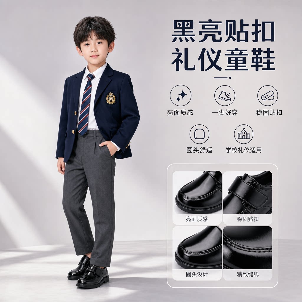 儿童皮鞋男童男孩男生黑色亮面贴扣学校休闲礼仪表演升旗圆头皮鞋