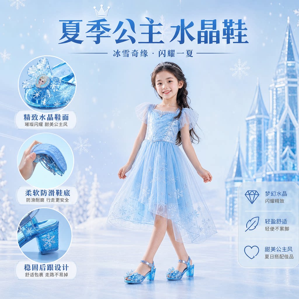 儿童凉鞋夏季公主水晶鞋2026新款女童高跟鞋蓝色冰雪奇缘爱莎跟鞋