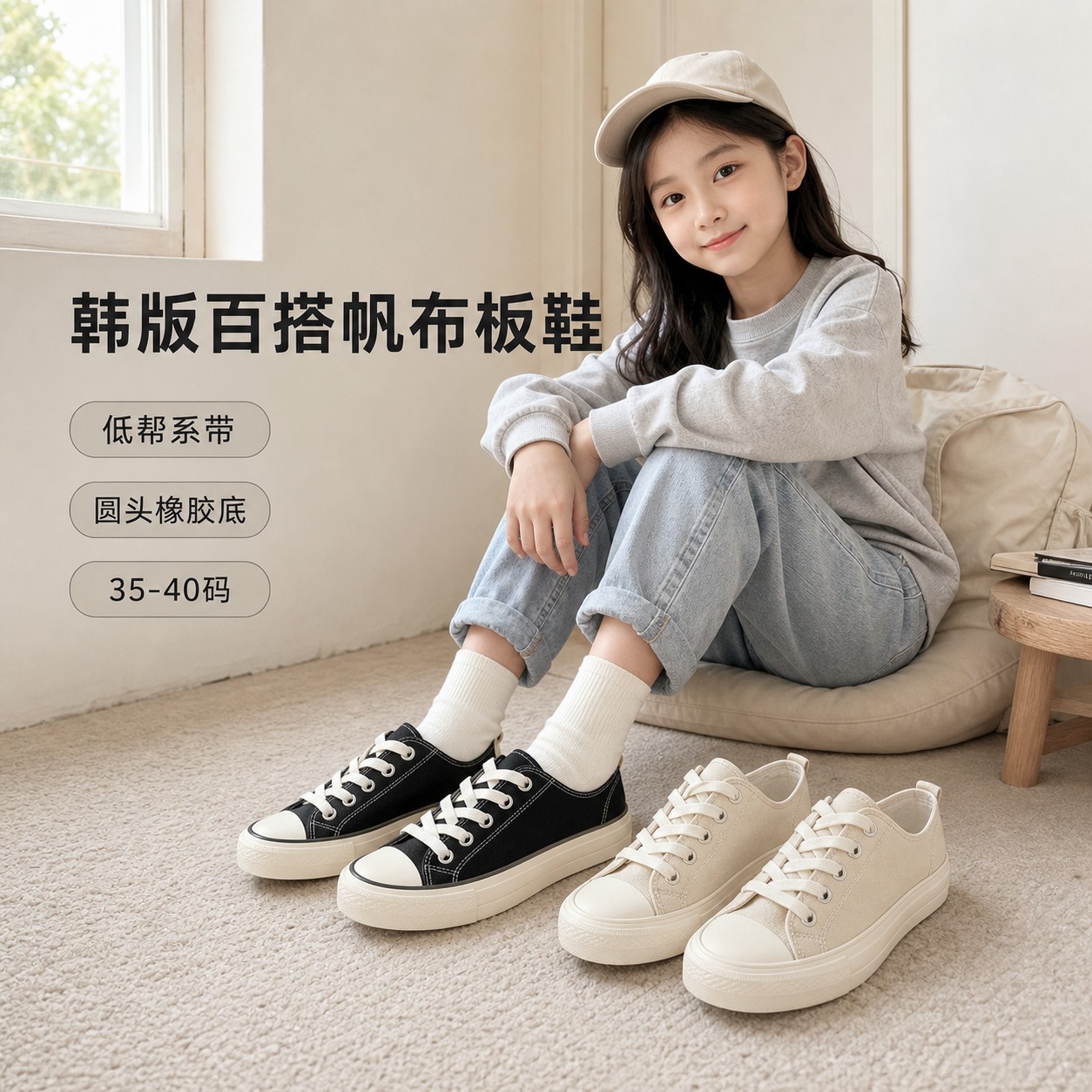 女童低帮系带纯色圆头橡胶底帆布板鞋学生休闲鞋黑色米色日常百搭