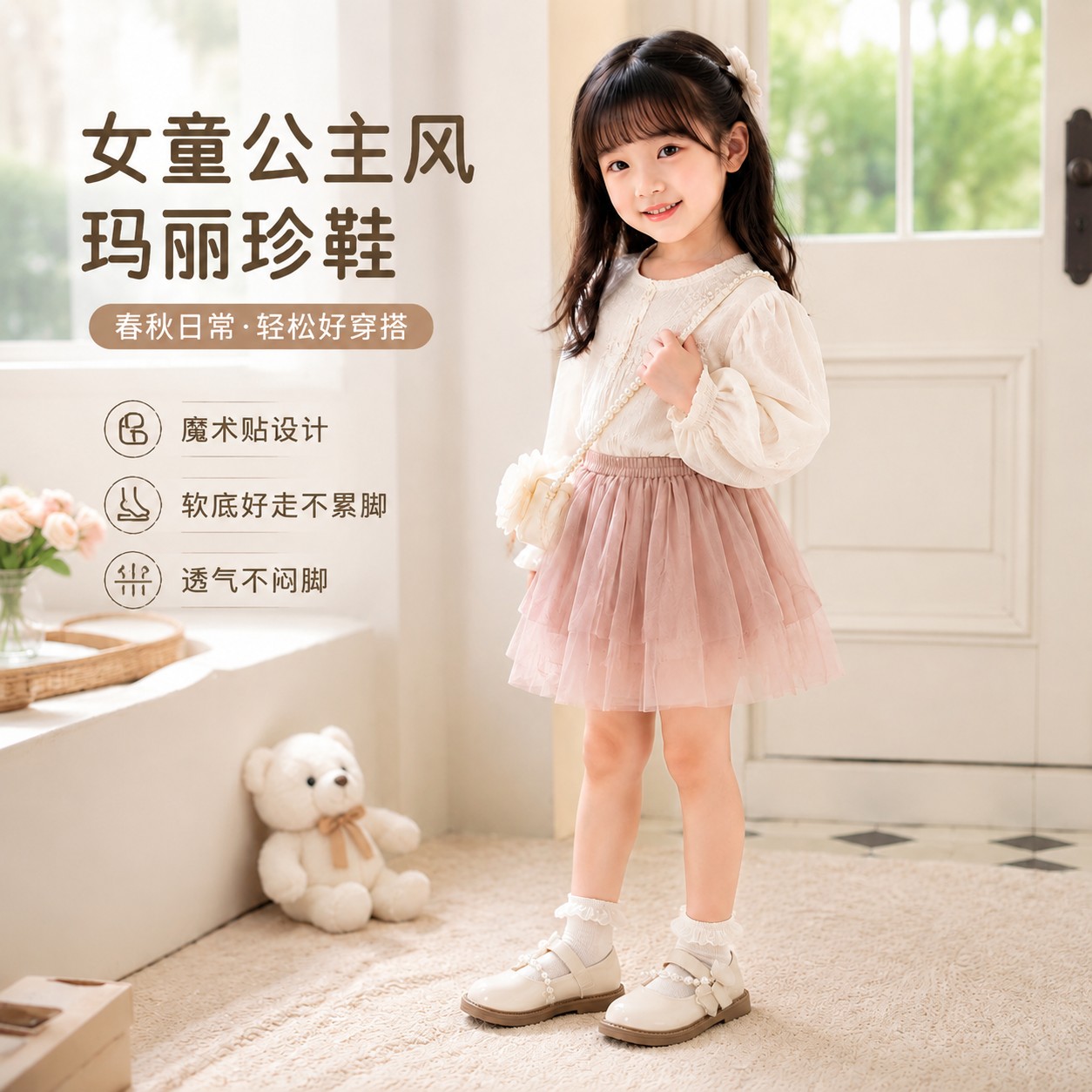 女童公主风玛丽珍鞋春秋魔术贴低帮合成革软底儿童皮鞋日常休闲单