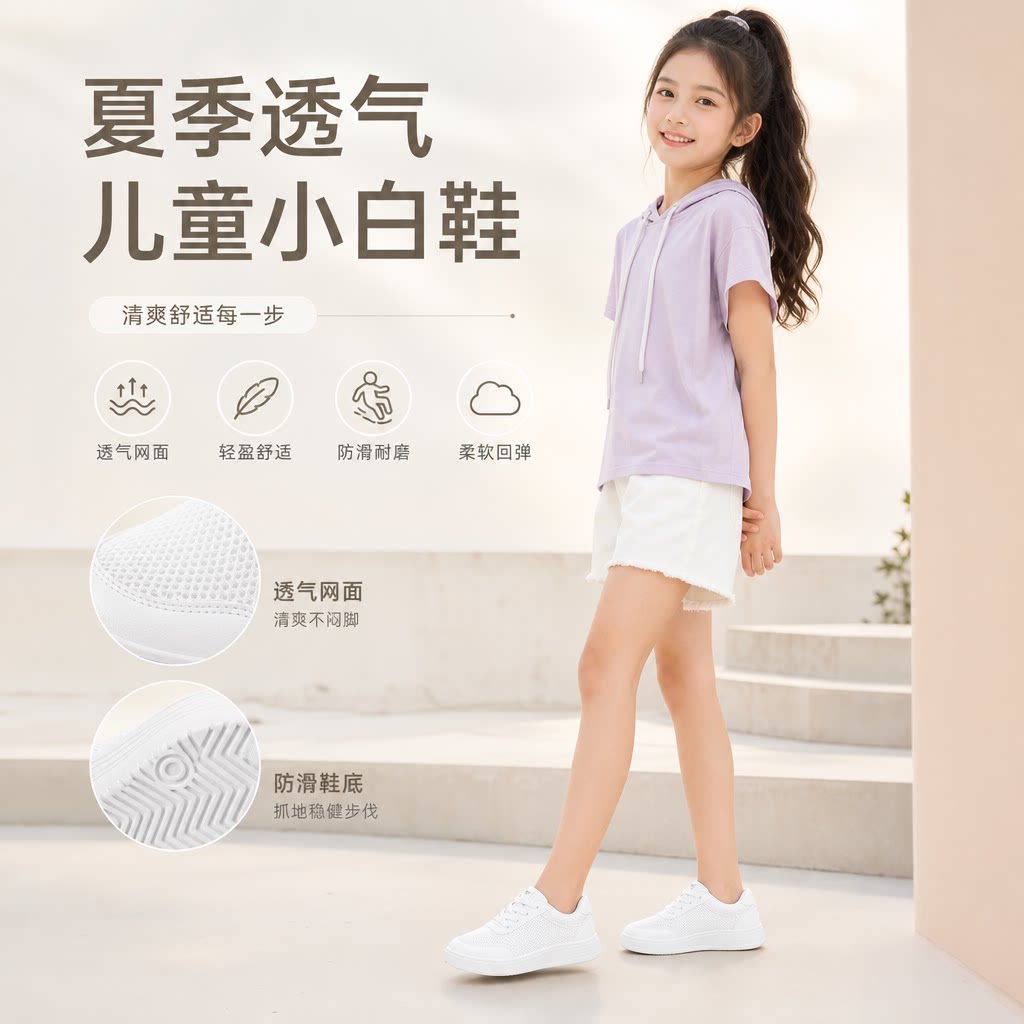 女童鞋子儿童小白鞋幼儿园夏季透气网鞋学生运动会演出板鞋中大童