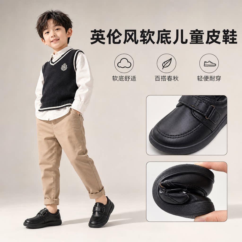 男童皮鞋英伦风儿童单鞋春秋女童鞋子软底宝宝鞋小男孩黑色休闲鞋