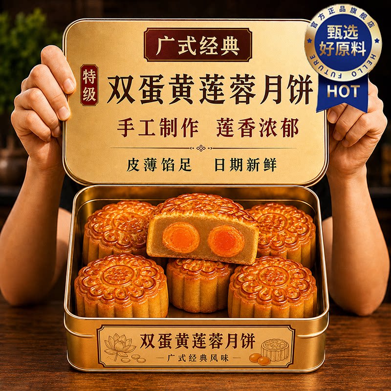 正宗广式双蛋黄纯莲蓉月饼老字号旗舰店豆沙传统糕点零食中秋送礼