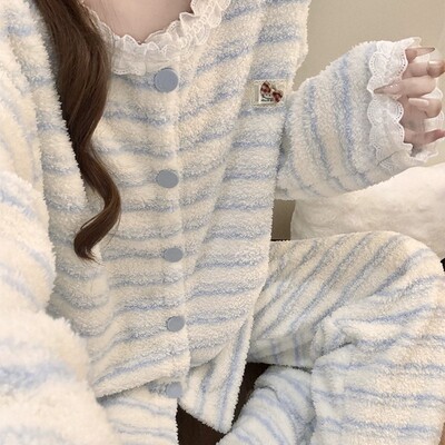 半边绒卡通条纹加厚睡衣