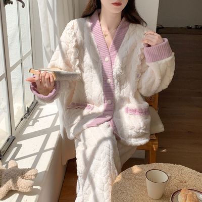 冬季新款紫色小花珊瑚绒睡衣