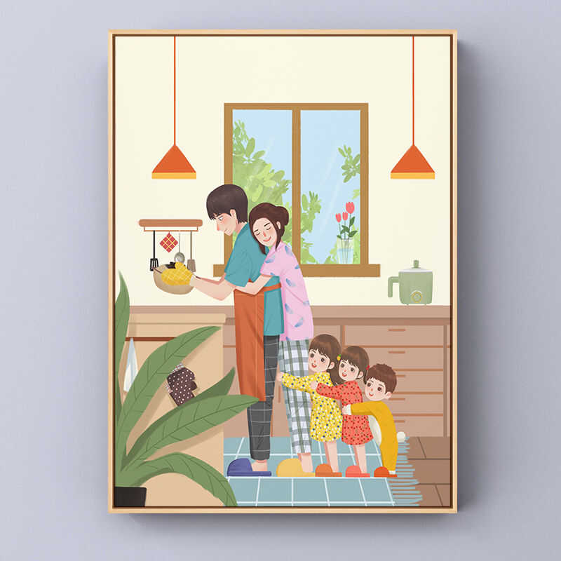 北欧ins 风餐厅装饰画一家五口厨房画挂画饭厅背景墙温馨壁画图片