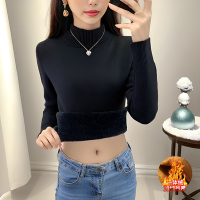 冬季加绒毛衣女加厚一体绒内搭大码半高领黑色打底针织衫保暖上衣