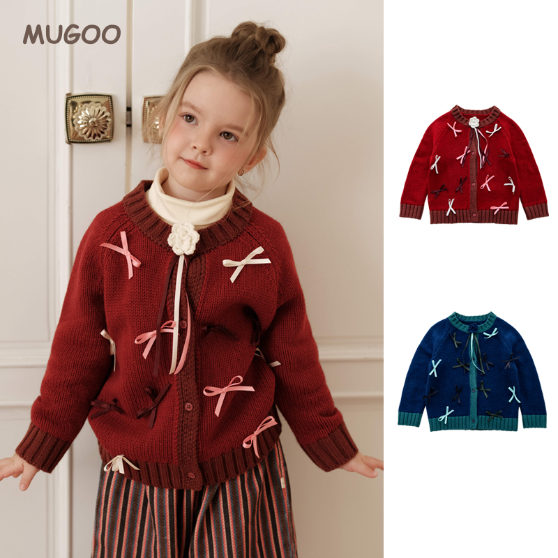 儿童毛衣2025新款秋冬女童时尚百搭蝴蝶结绑带羊毛针织开衫毛衣