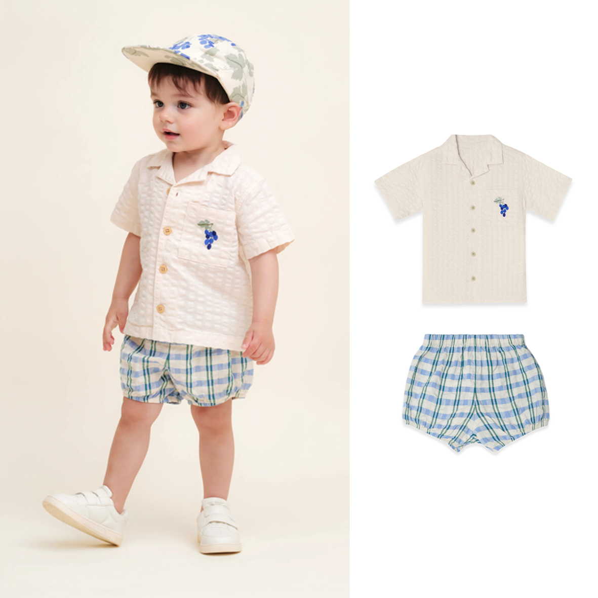 儿童短袖短裤套装亲肤透气2025夏季新款葡萄刺绣口袋上衣格子裤子