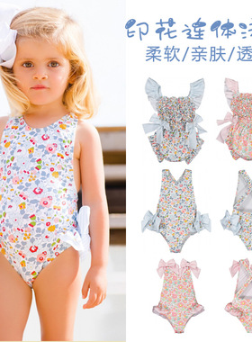 Cckids夏新女童泳衣婴儿连体吊带游泳衣蓝色粉色印花可爱沙滩泳衣