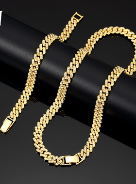 欧美跨境新款9mm单排水钻合金古巴项链嘻哈风男女款手链工厂