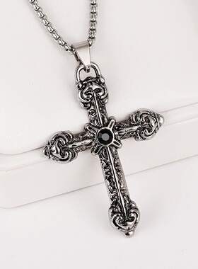 欧美复古十字架项链男女嘻哈百搭合金吊坠简约长款卫衣配饰潮