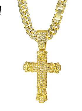 跨境新品嘻哈十字架合金项链大金满钻古巴链欧美潮男女首饰