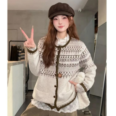 复古费尔岛温柔撞色毛衣外套秋冬