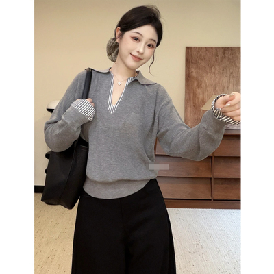 假两件撞色拼接条纹针织衫毛衣女
