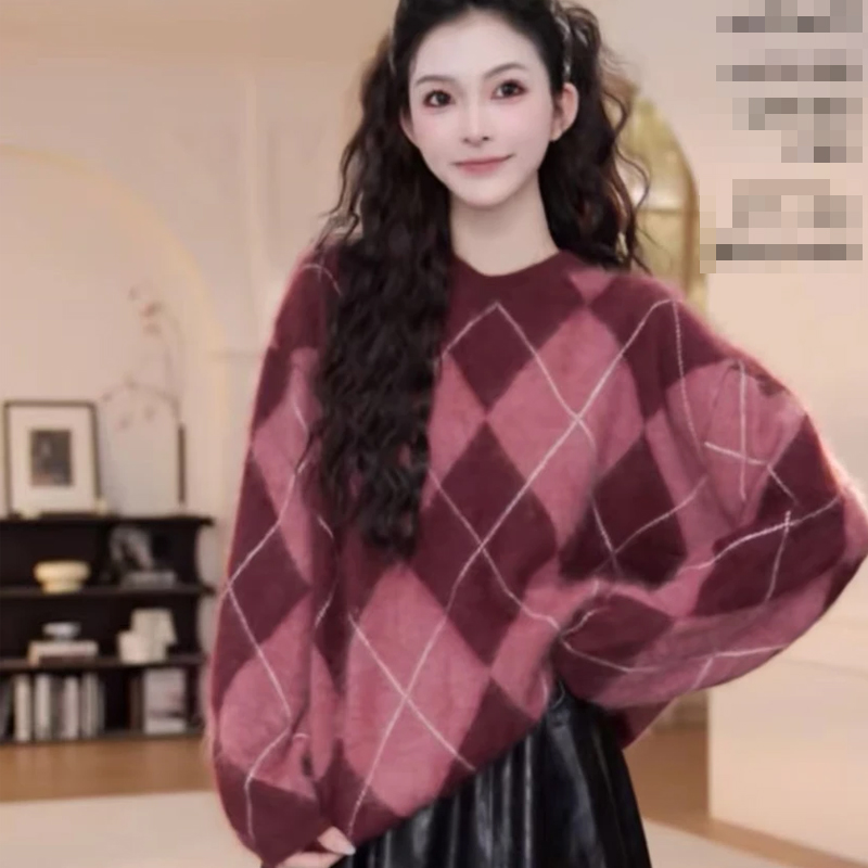 复古菱形格子套头针织衫毛衣女秋冬季韩版宽松软糯慵懒风长袖上衣