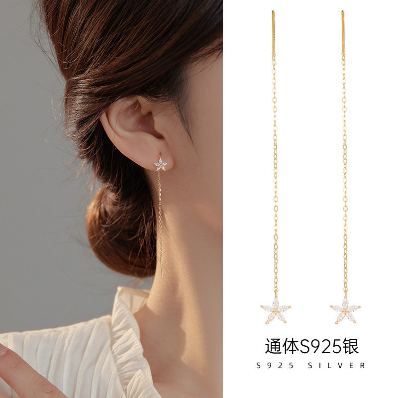 日系TopWhitS925银韩国冷淡风长款花朵耳线女小众独特高级感气质