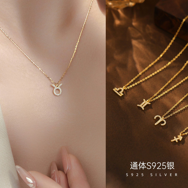 日系topwhits925银十二星座项链女立体符文轻奢镶钻设计感锁骨