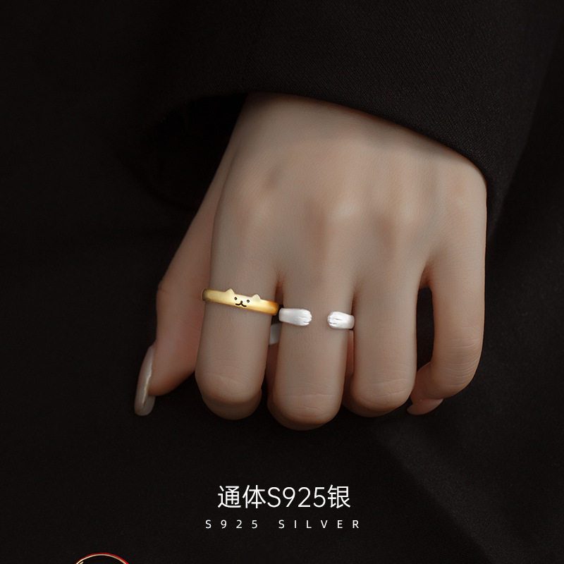 日系topwhit925银可爱猫咪戒指女日系铃铛红色素圈叠戴指环ins