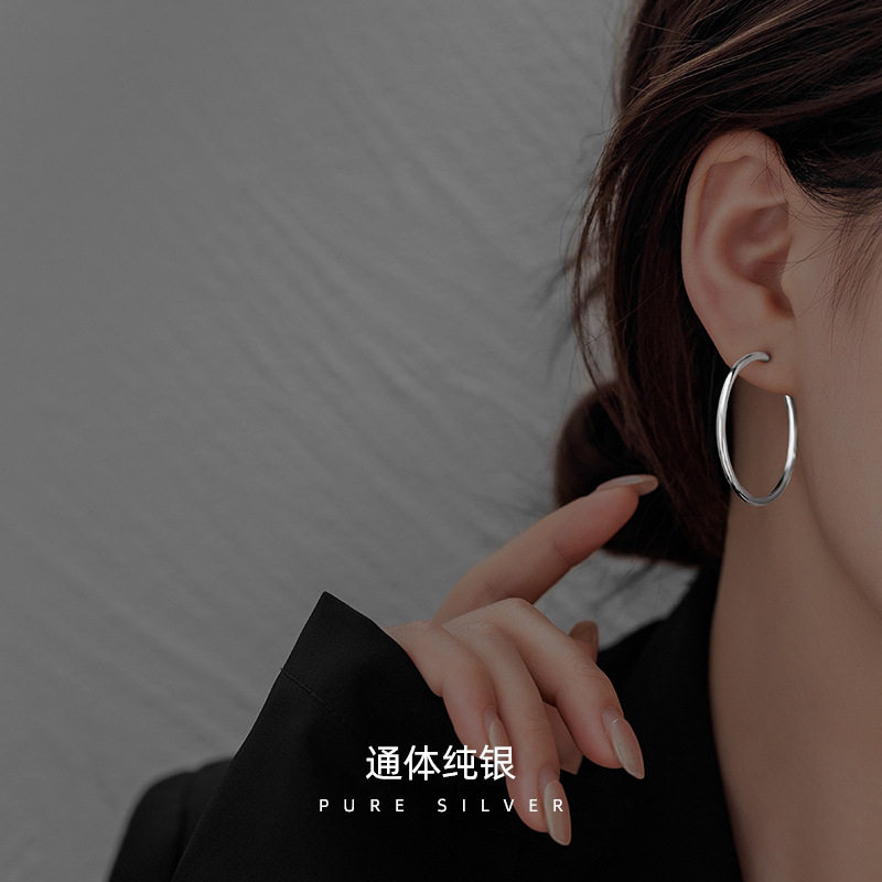 日系topwhits925银复古简约大耳圈女耳饰秋冬耳环冷淡风素圈设计