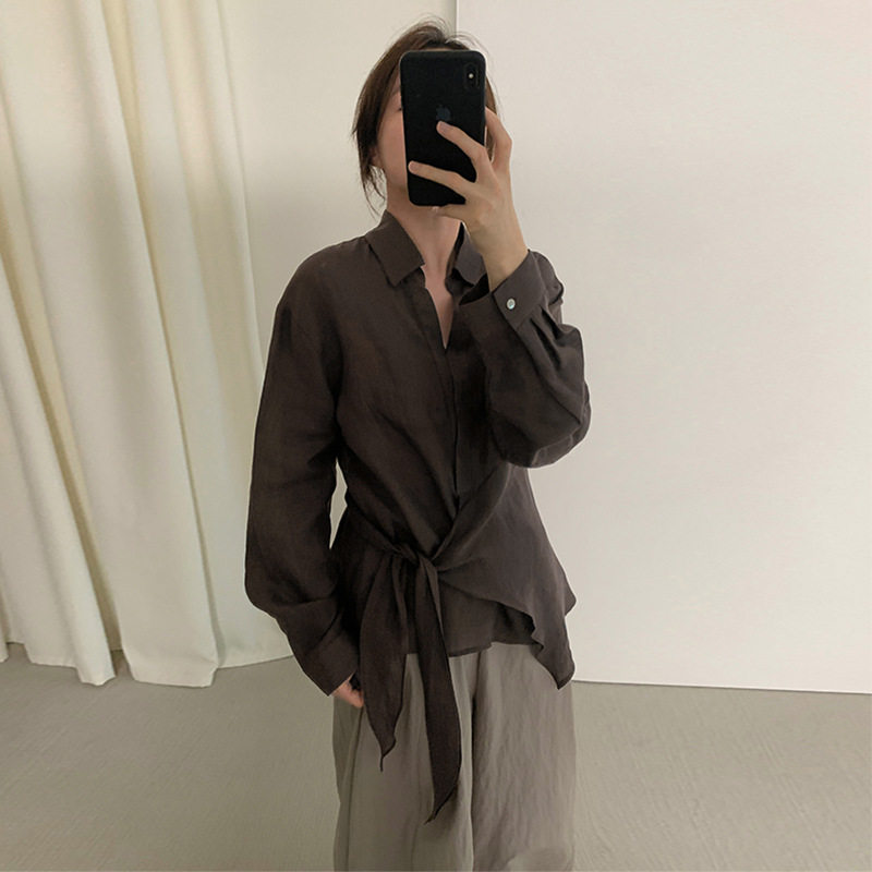法国chrry koop 不规则裁剪绑带设计衬衫女秋季收腰显瘦苎麻上衣