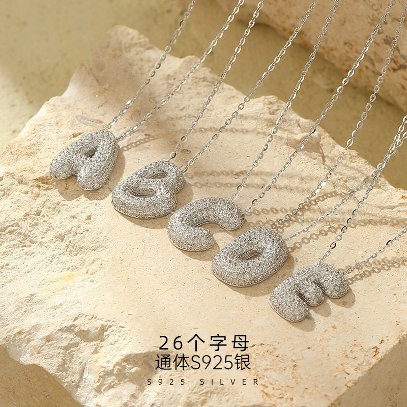 日系topwhit925银泡泡字母项链女超闪满钻气球英文吊坠嘻哈锁骨