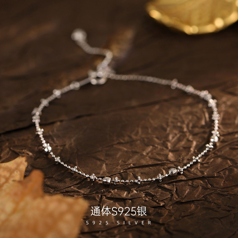 日系topwhit925银爆闪满天星手链可抽拉调节爱心素链镭射圆珠细