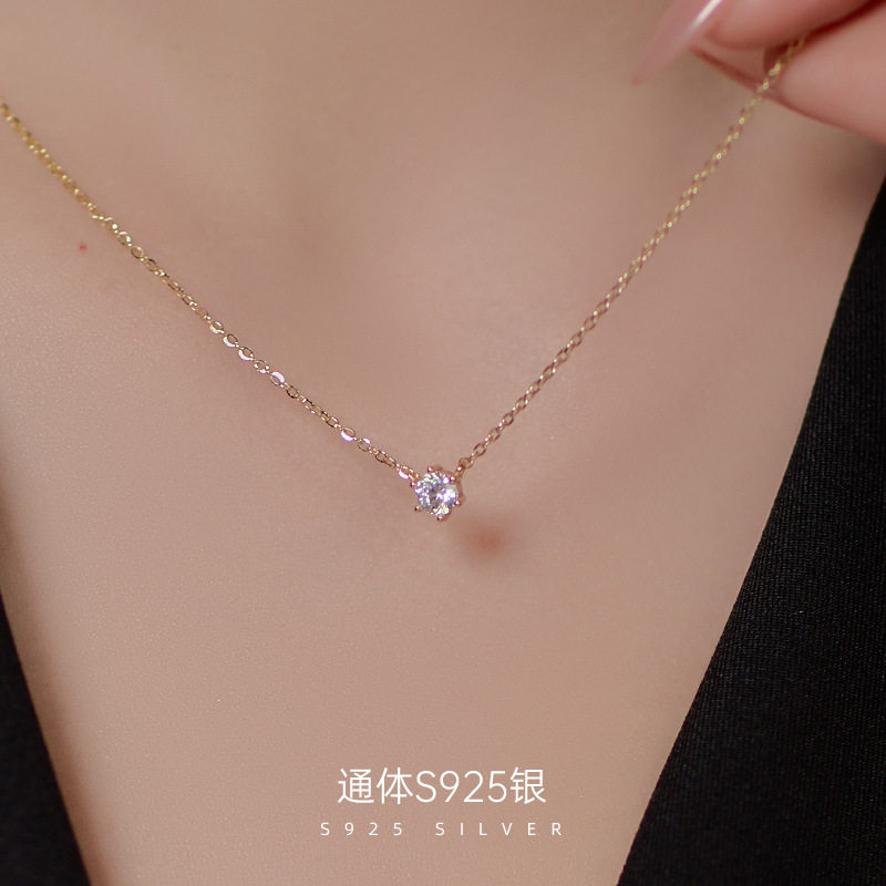 日系topwhit925银六爪锆石项链女经典小众单钻吊坠锁骨链颈链