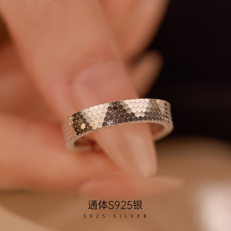 日系topwhit925银闪亮龙鳞戒指女碎冰冰蜂巢镶钻鱼鳞食指戒高级