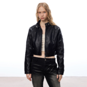 WILDERSHORE 24AW秋冬结构短款 纯色复古机车PU夹克立领皮衣外套女